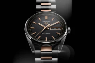 One of the six new TAG Heuer Carrera Day-Date models presents itself with steel and rose-gold aesthetic