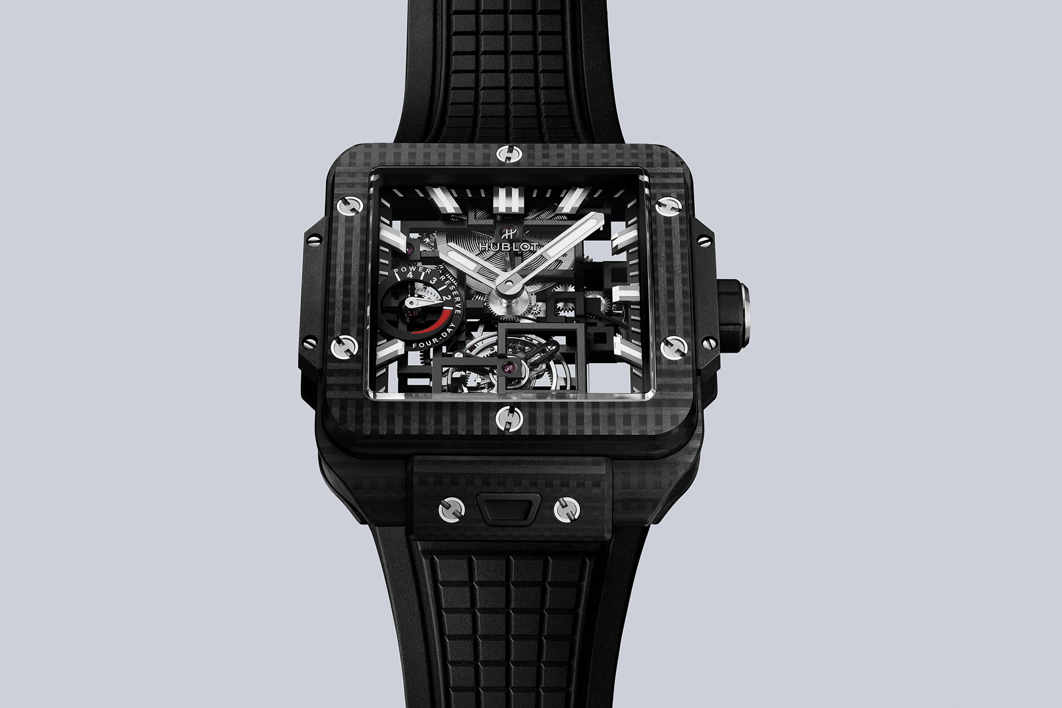 The case of the Hublot Square Bang Tourbillon 4-Day Power Reserve, reference 805.QD.0170.RX.