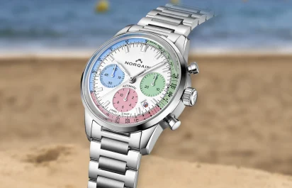 Die Norqain Freedom 60 Chrono 40mm „Enjoy Life“ Special Edition (Ref. N2201-19S01-C01-S01) mit Blick auf das Zifferblatt