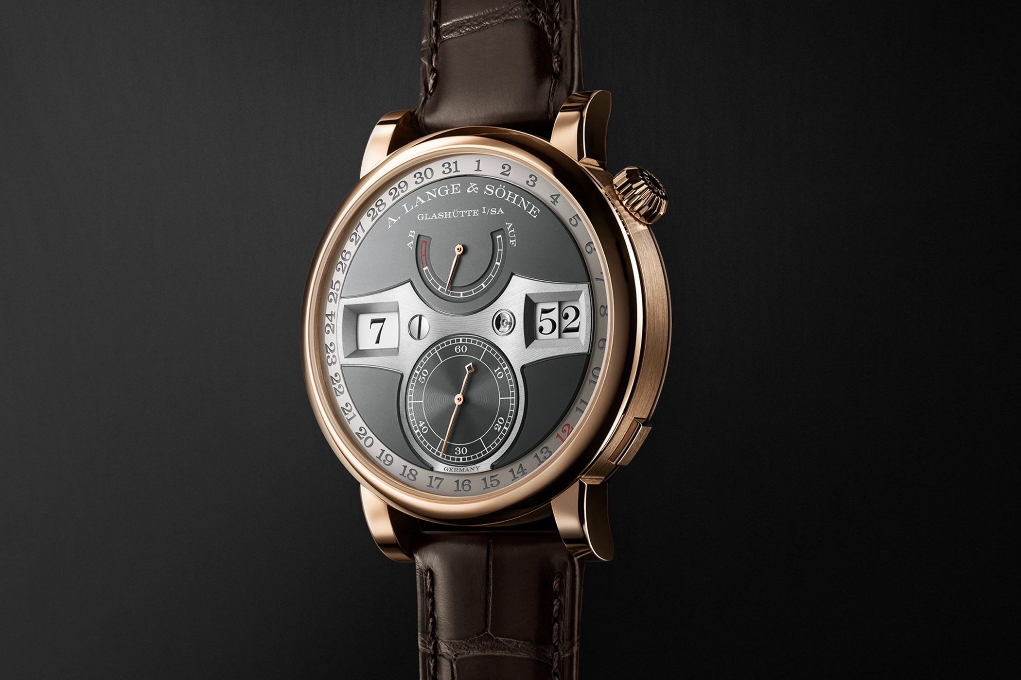 Die Gehäuseansicht der A. Lange & Söhne Zeitwerk Date, Referenz 148.033.