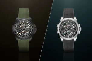 Die Frontalansicht der Norqain Independence Skeleton 40 mm, Referenz N3008-07B01-G01-R01 und Referenz N3008-07S01-G01-R01 (zweite Ansicht).