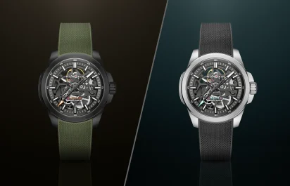 Die Frontalansicht der Norqain Independence Skeleton 40 mm, Referenz N3008-07B01-G01-R01 und Referenz N3008-07S01-G01-R01 (zweite Ansicht).
