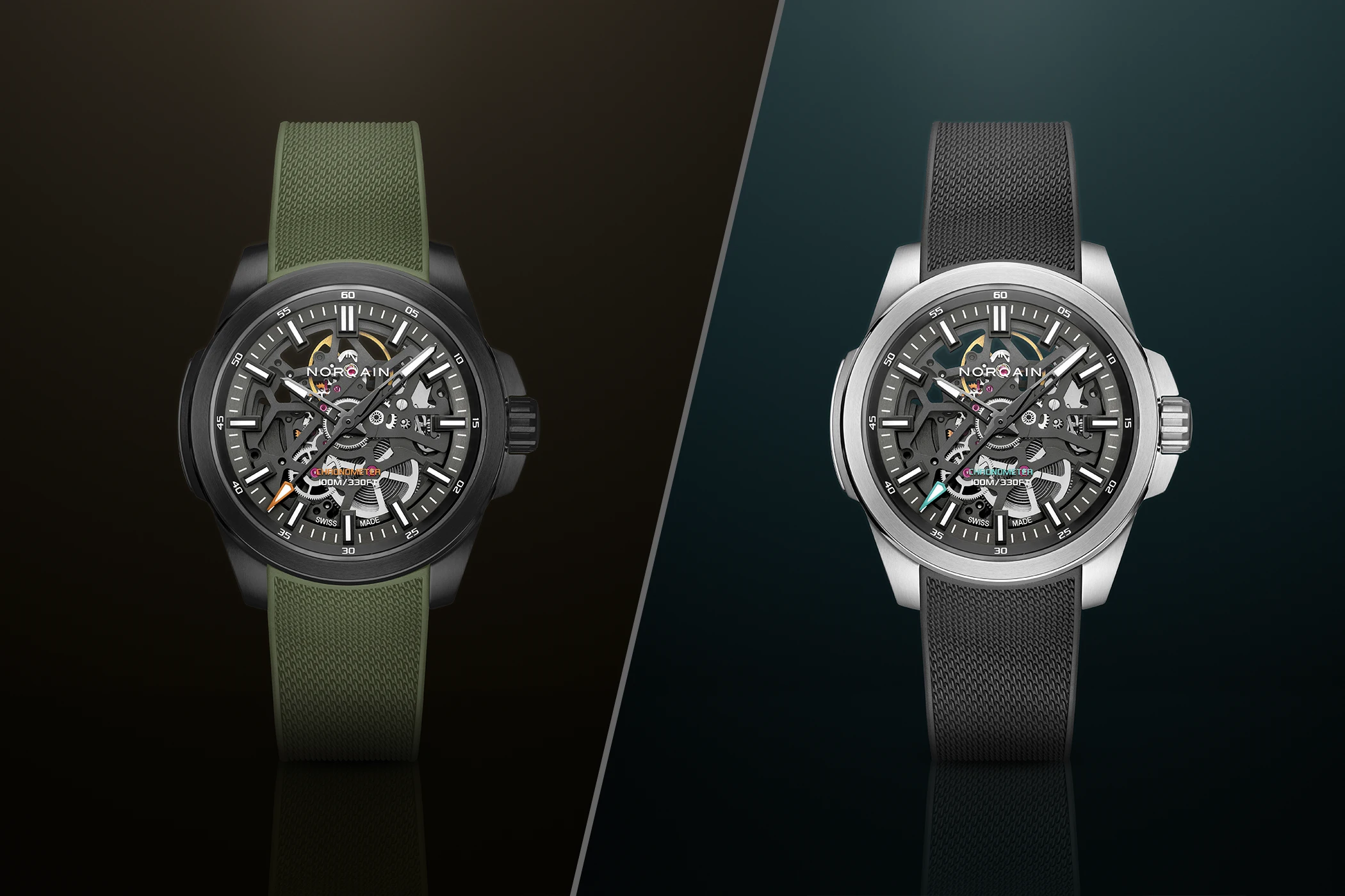 Die Frontalansicht der Norqain Independence Skeleton 40 mm, Referenz N3008-07B01-G01-R01 und Referenz N3008-07S01-G01-R01 (zweite Ansicht).