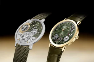 Piaget Altiplano Ultimate Concept Tourbillon – ultraflache Armbanduhr mit skelettiertem Zifferblatt und Tourbillon; daneben die Piaget Altiplano 910P – extraflache Armbanduhr im klassischen Design.