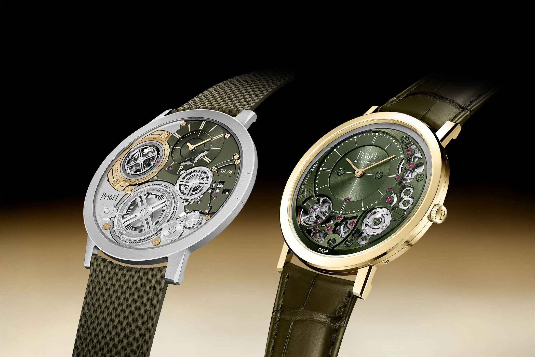 Piaget Altiplano Ultimate Concept Tourbillon – ultraflache Armbanduhr mit skelettiertem Zifferblatt und Tourbillon; daneben die Piaget Altiplano 910P – extraflache Armbanduhr im klassischen Design.
