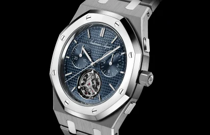 Frontalansicht der Audemars Piguet Royal Oak Jumbo Flying Tourbillon Chronograph RD#5 zum 150-jährigen Jubiläum, Referenz 26545XT.OO.1240XT.01.