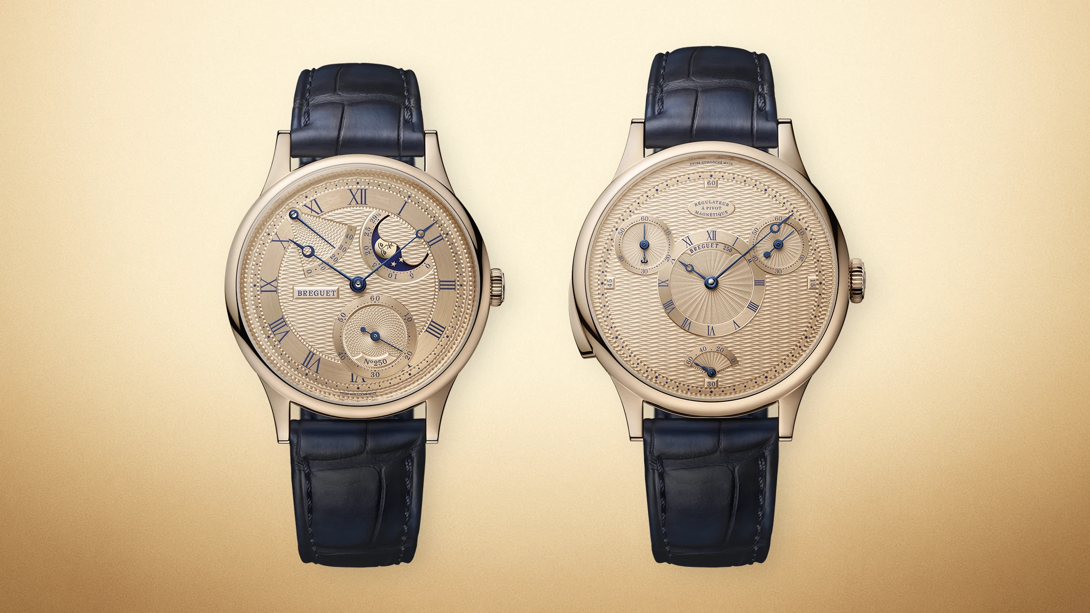 Die Breguet Classique Phase de Lune 7235 und die Régulateur à Pivot Magnétique 7225 sind frontal abgebildet.