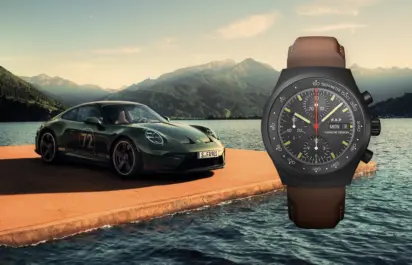 Der Porsche Design Chronograph 1 zu 90 Jahren Ferdinand Alexander Porsche zusammen mit einem Porsche 911.