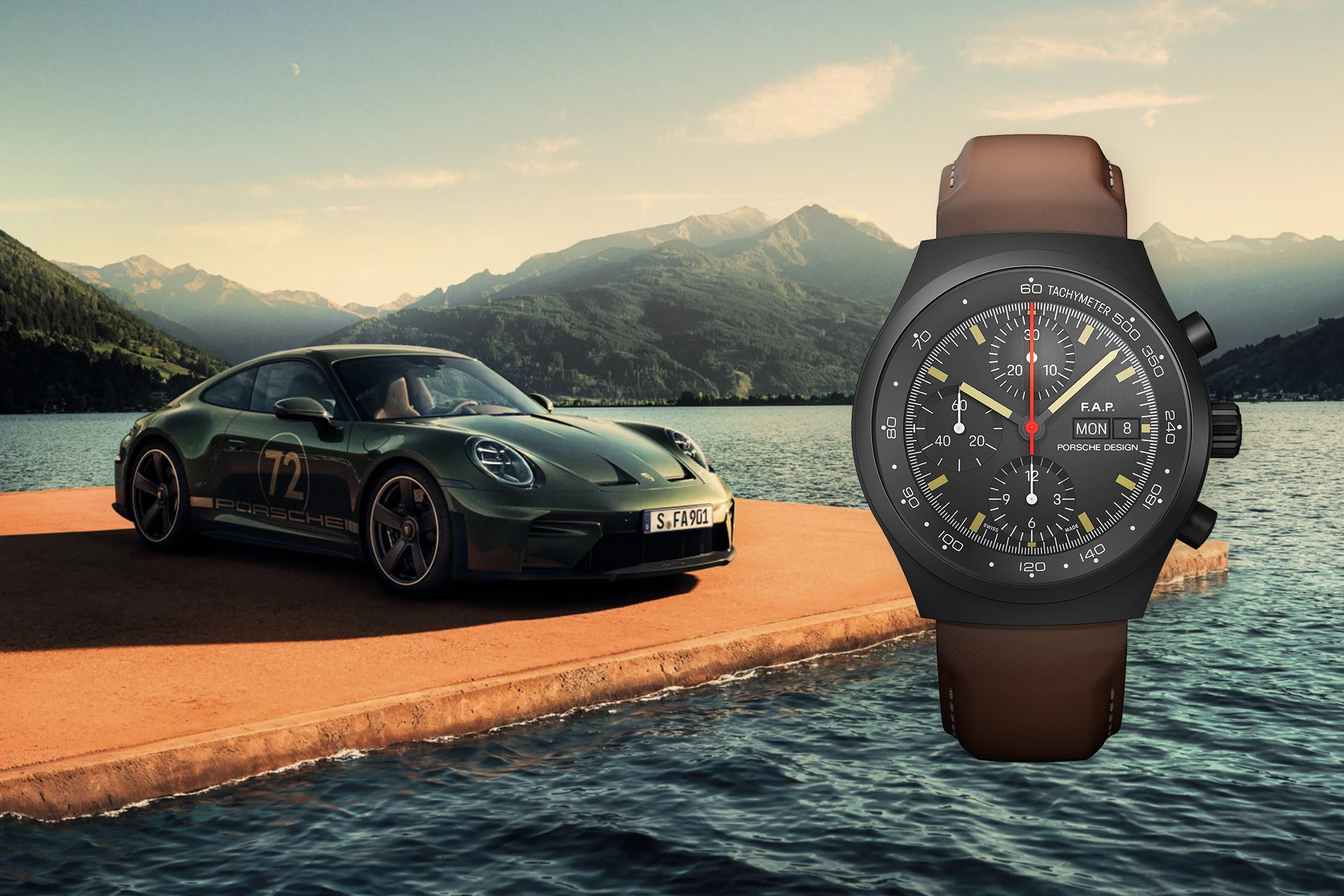 Der Porsche Design Chronograph 1 zu 90 Jahren Ferdinand Alexander Porsche zusammen mit einem Porsche 911.