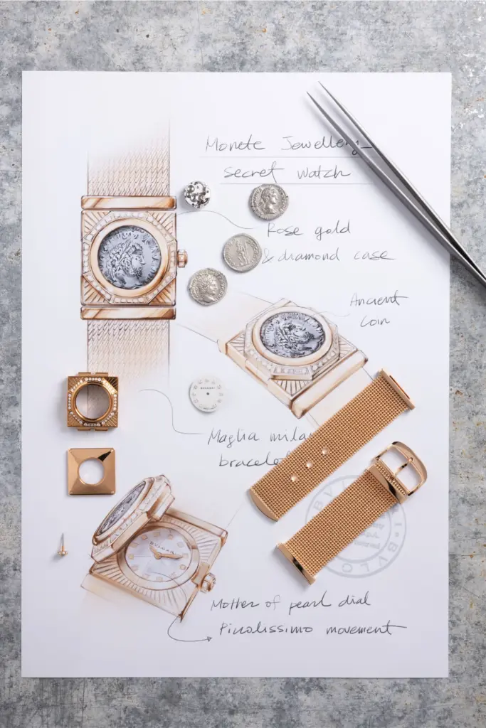 Zeichnung der Komponenten der Maglia Milanaise Monete von Bulgari