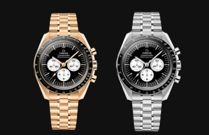 Zwei Omega Speedmaster Professional Chronographen nebeneinander, eine Ausführung in Gelbgold und eine in Edelstahl mit schwarzem Zifferblatt und Tachymeterlünette.