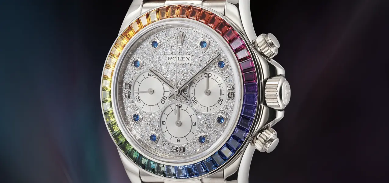 Die teuersten Rolex Armbanduhren: die Cosmograph Daytona Ref. 16599SAAEC Rainbow Zenith Daytona