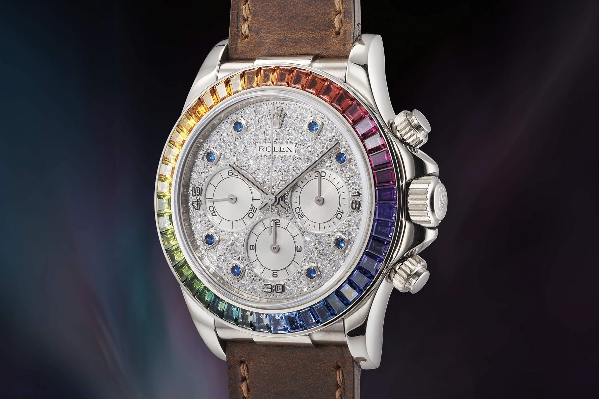 Die teuersten Rolex Armbanduhren: die Cosmograph Daytona Ref. 16599SAAEC Rainbow Zenith Daytona
