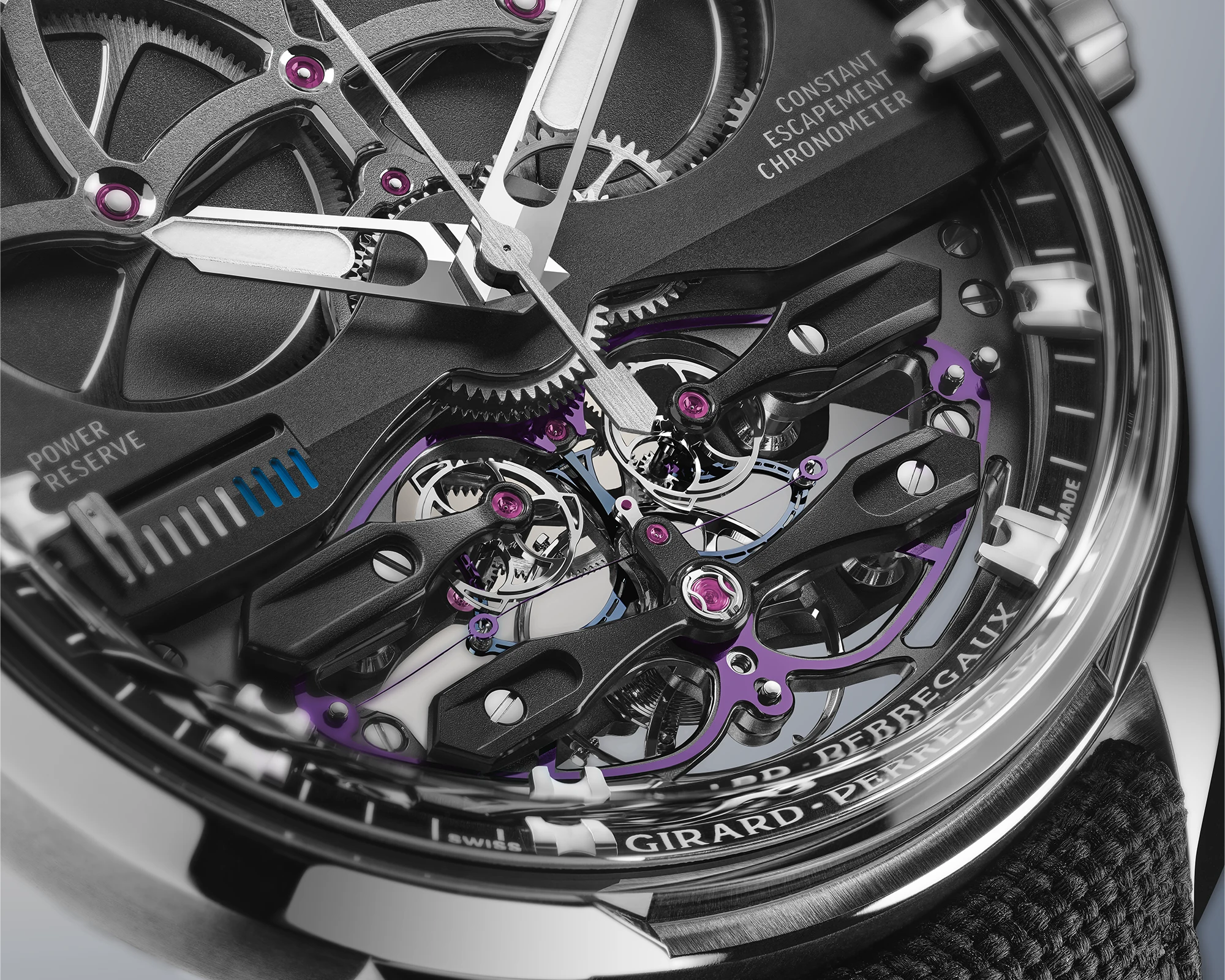 Die Detailansicht auf dem Zifferblatt der Girard-Perregaux Neo Constant Escapement