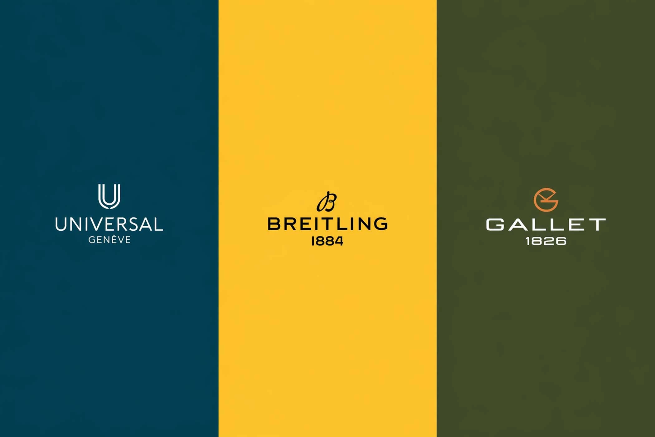 Logo House of Brands (drei Streifen): Universal Genève (blau), Breitling (gelb), Gallet (grün)