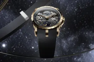 Die Roger Dubuis Excalibur Biretrograde Perpetual Calendar ist in der Vorderansicht zu sehen.