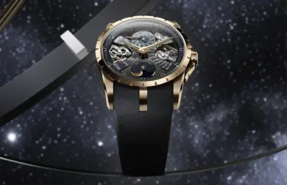 Die Roger Dubuis Excalibur Biretrograde Perpetual Calendar ist in der Vorderansicht zu sehen.