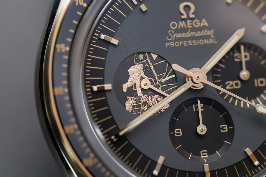 OMEGA Speedmaster Apollo 11 50th Anniversary steel gold close up front