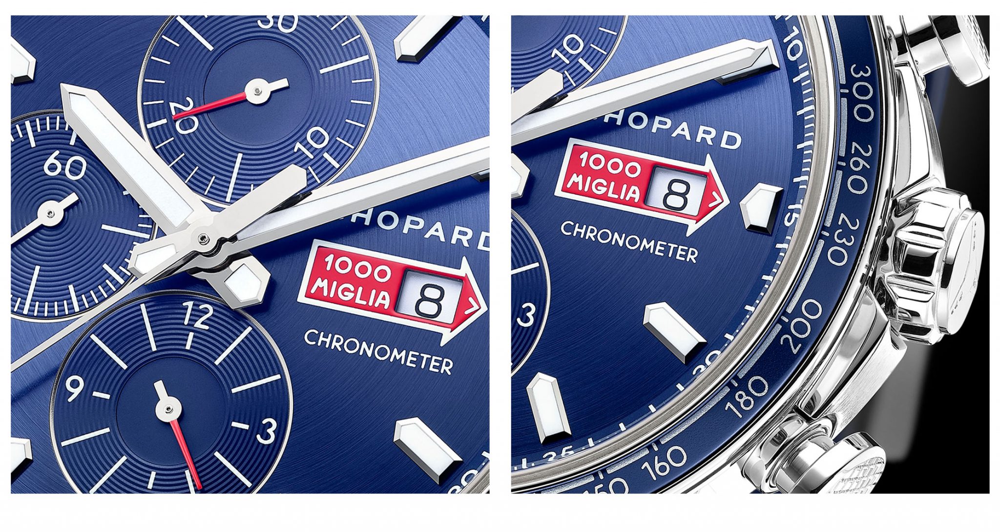 Chopard Mille Miglia GTS Azzurro Chronograph closeup dial details datewindow 