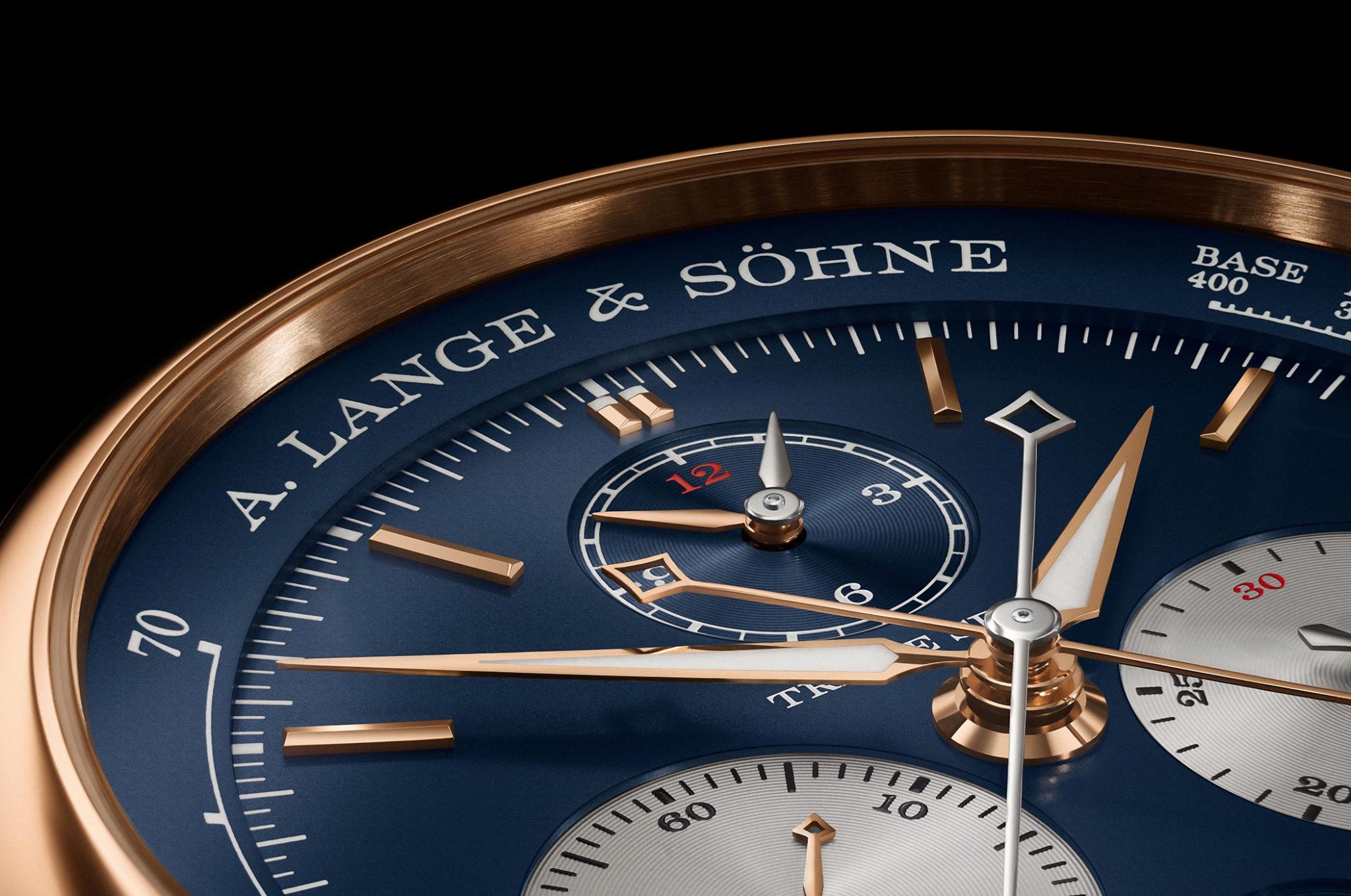 A. Lange & Söhne ALS-424-037-B01-Triple-Split-2021 red gold rot gold front rattrapant limited edition Zifferblatt close up brand name