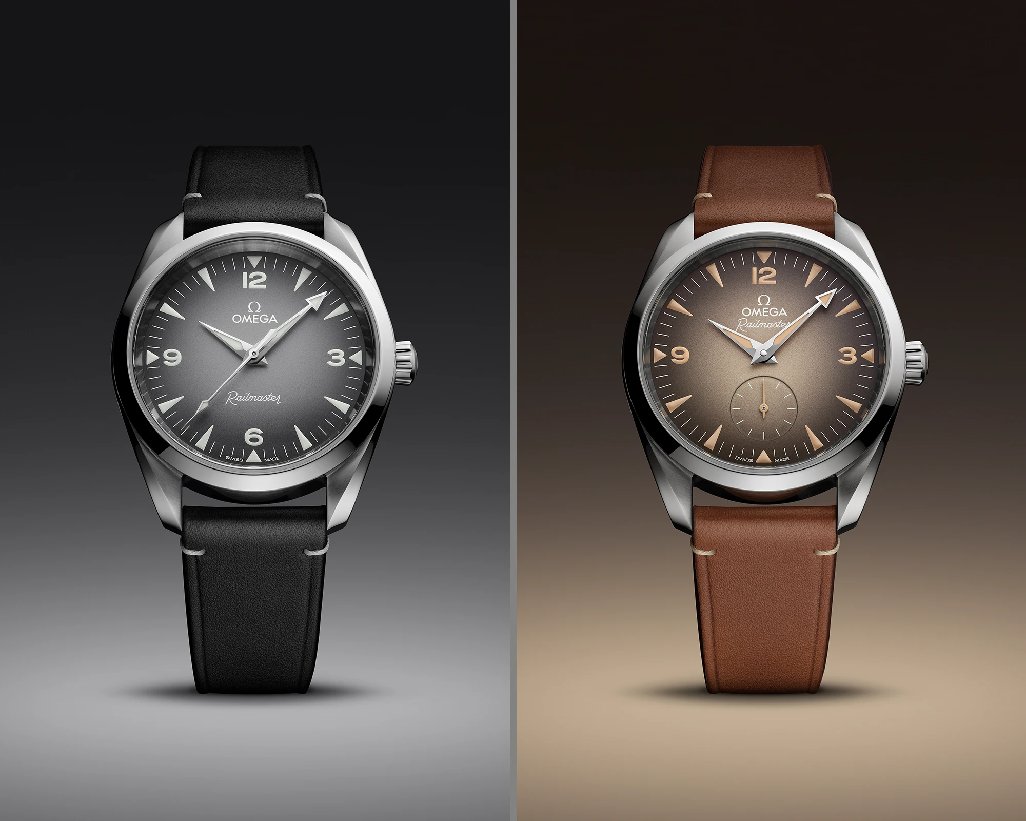 Die Omega Railmaster Ref. 235.10.38.20.06.001 und Ref. 235.10.38.20.13.001 sind jeweils mit verschiedenen Armbandoptionen erhältlich