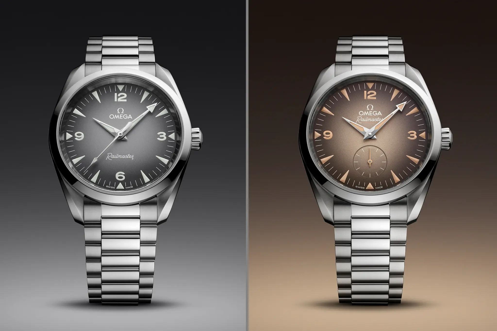 Omega Railmaster Ref. 235.10.38.20.06.001 und Ref. 235.10.38.20.13.001 mit Edelstahlarmbändern