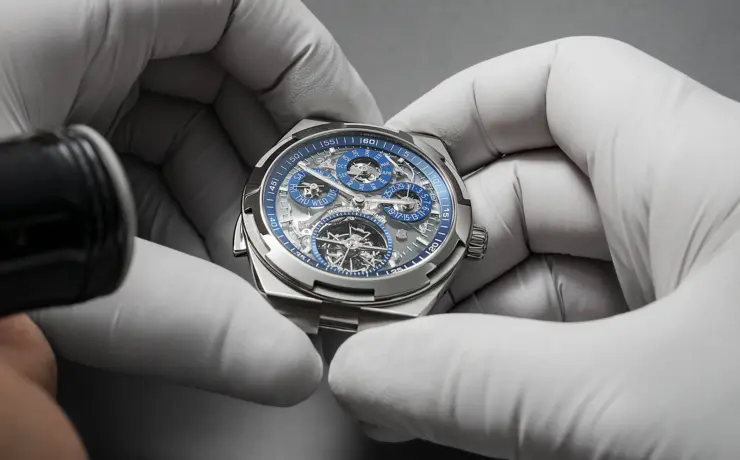 Die Vacheron Constantin Overseas Grand Complication Openface Ref. 6510V/110T-128C in den Händen eines Uhrmachers