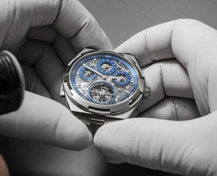 Die Vacheron Constantin Overseas Grand Complication Openface Ref. 6510V/110T-128C in den Händen eines Uhrmachers